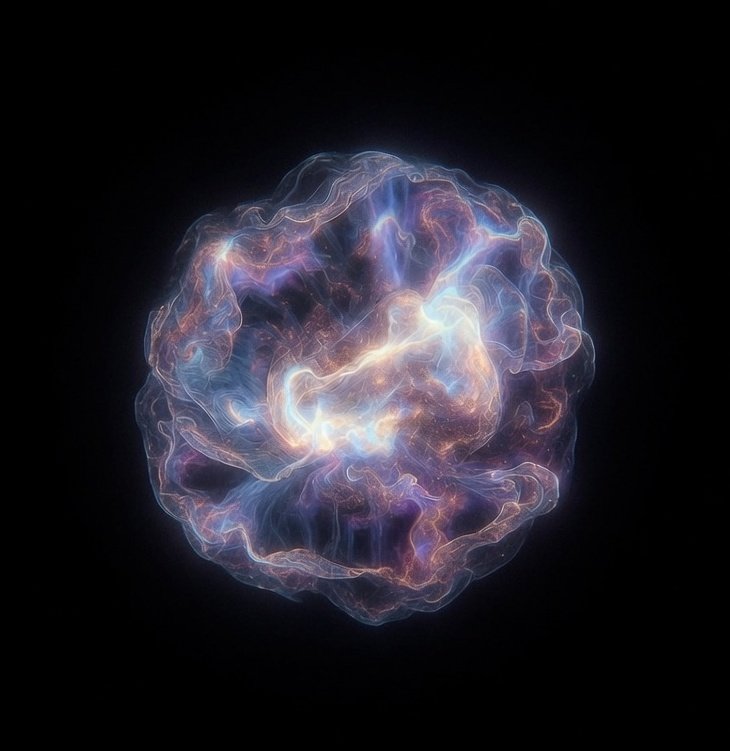 Sentient plasmoid - a glowing spherical mass of tangled plasma filaments in white-gold and violet-blue, on a black background